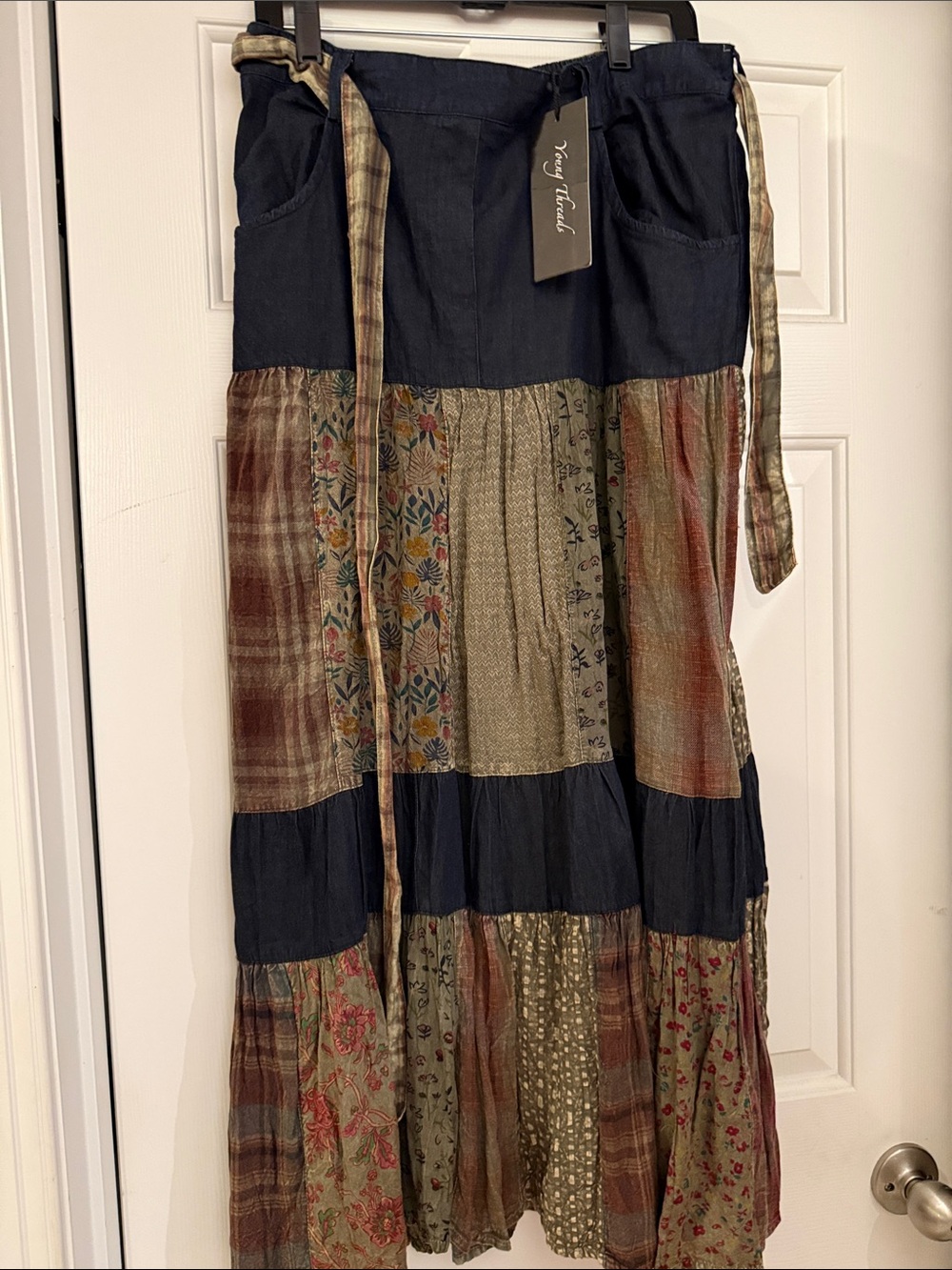 Young Threads Boho Patchwork Maxi Skirt in Navy and Earth Tones